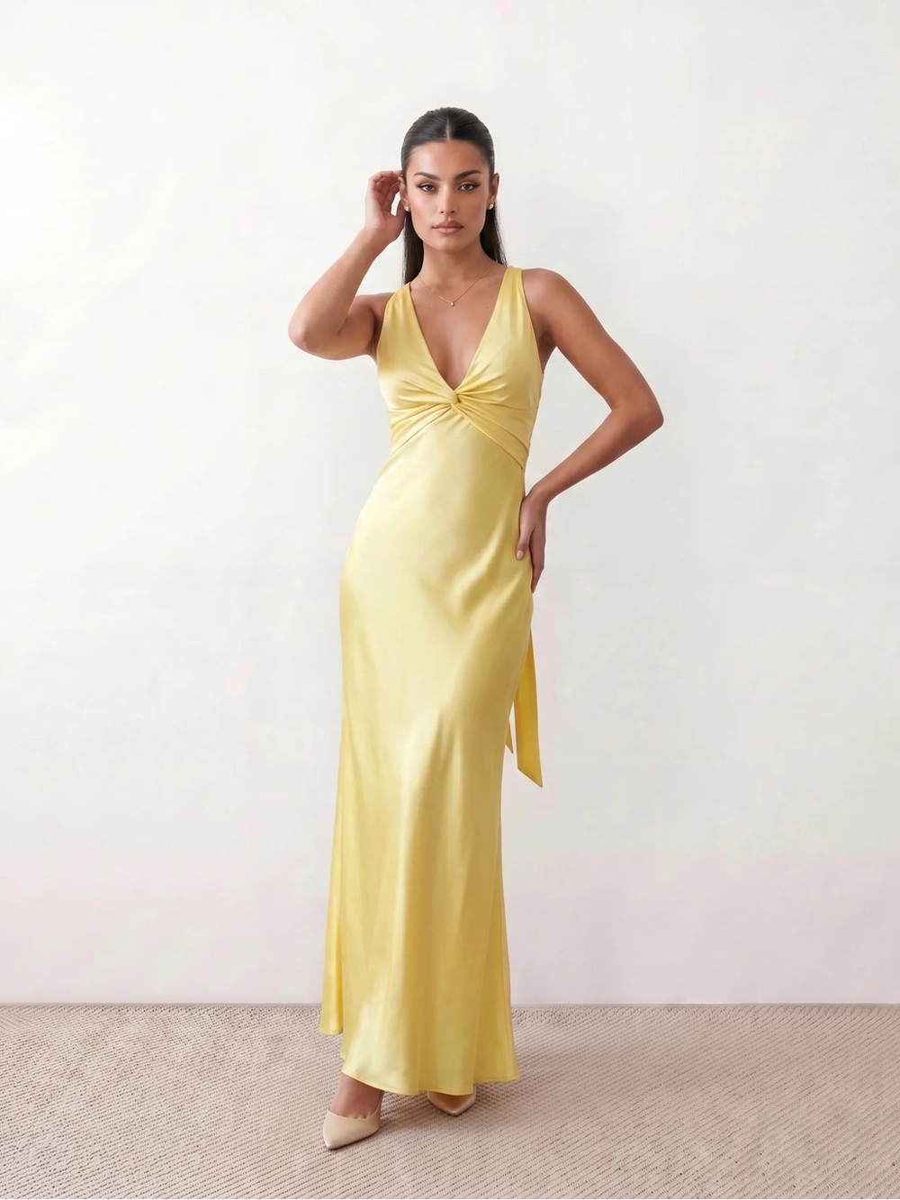 Satin Twist-Front Yellow Maxi Dress- NWT